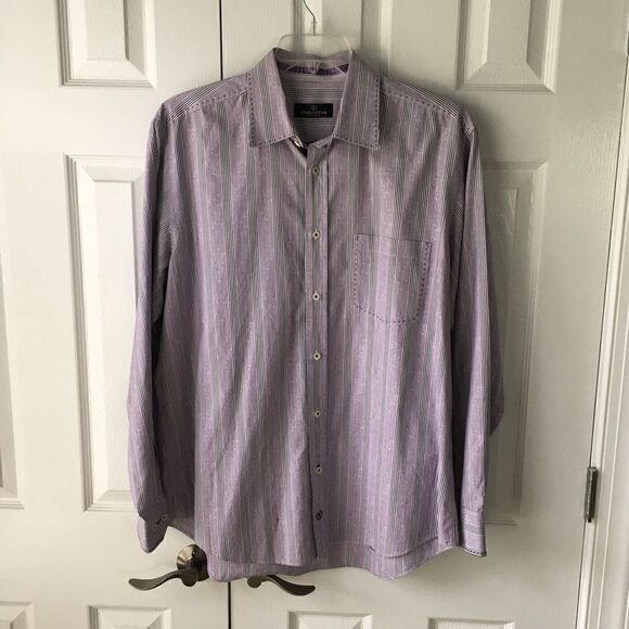 Bugatchi Uomo Striped Button Down Shirt, Size XL Lavender,Purple and White - Picture 1 of 11